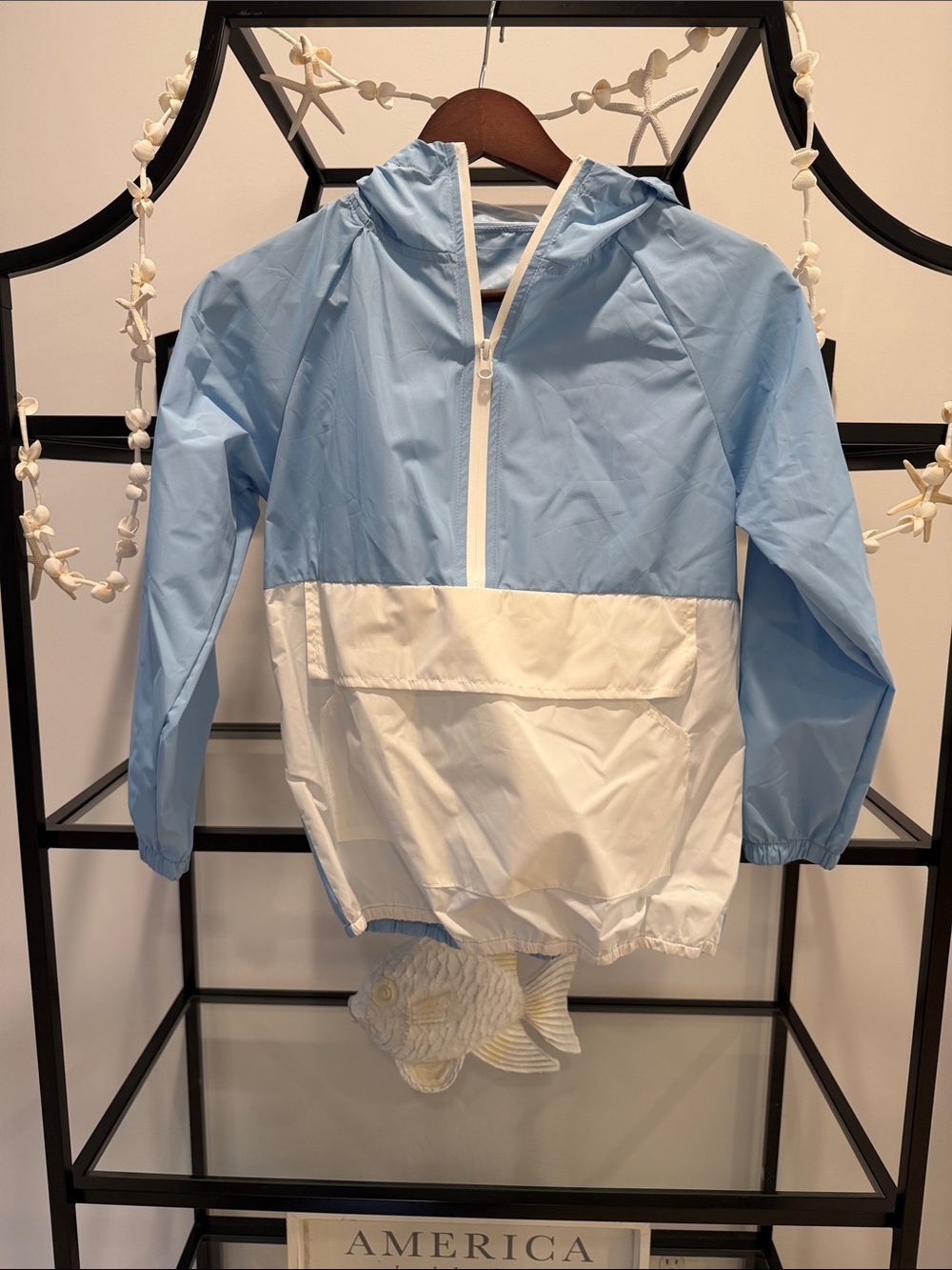 Light Blue and White Hooded Windbreaker Jacket